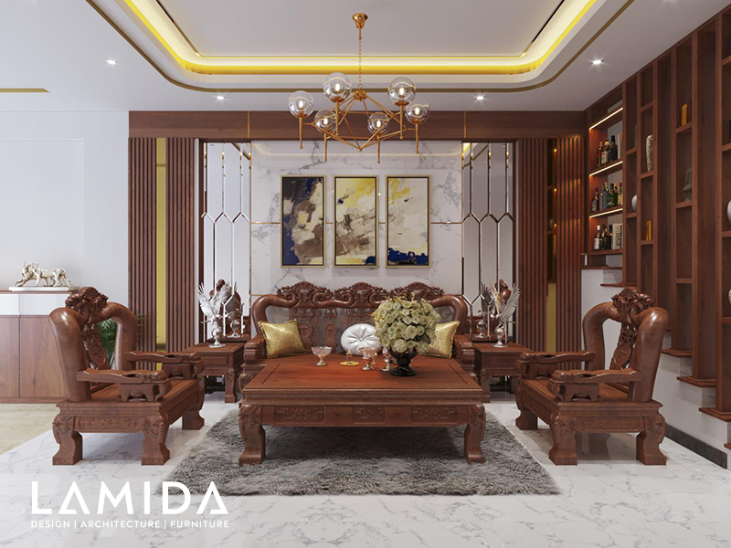 Mẫu phòng khách sử dụng gỗ tự nhiên đậm nét truyền thống Á Đông.