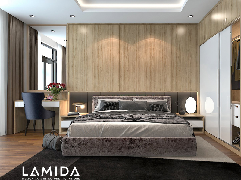 Phòng ngủ Master đầy trang trọng với nội thất màu nâu gỗ